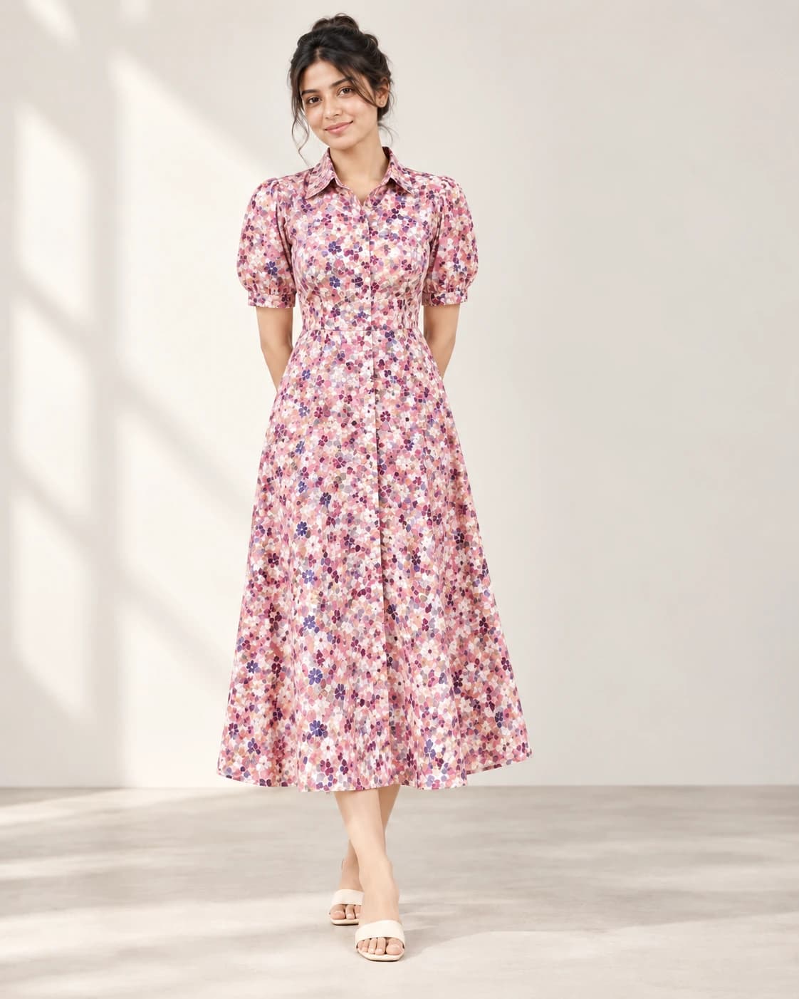 Pink Floral Collared Midi Dress front studio view