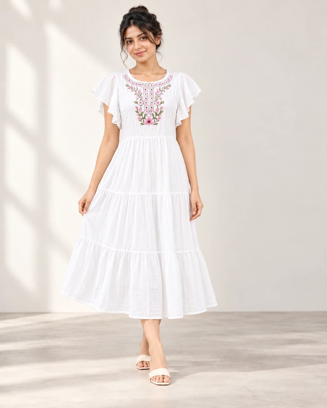 White Embroidered Midi Dress front studio view
